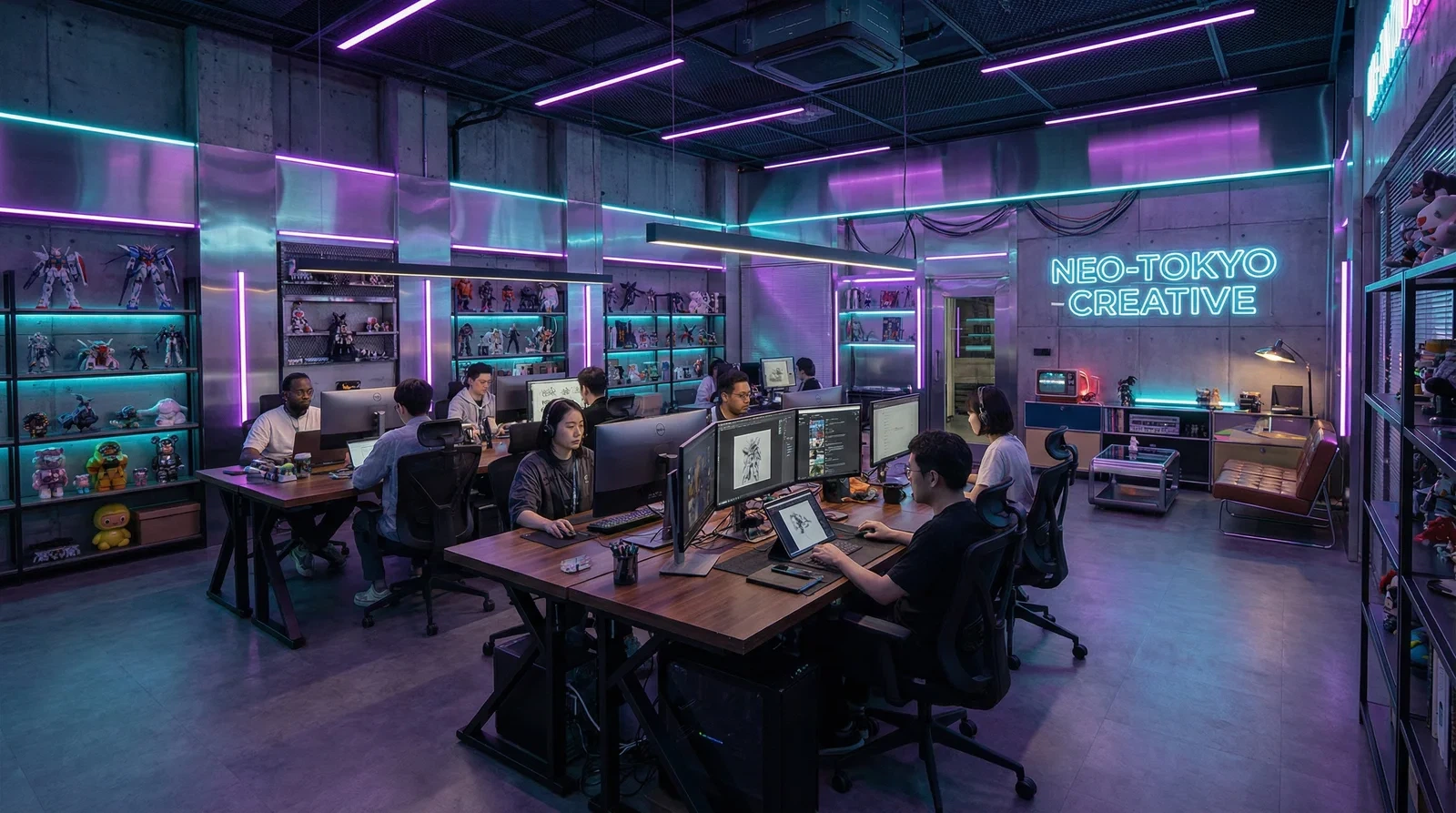 绯红小猫团队在赛博朋克风格创意办公室中工作