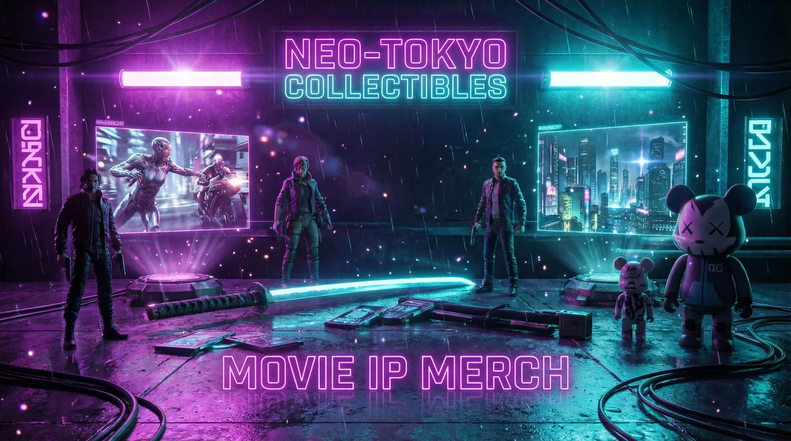 绯红小猫赛博朋克风格影视IP衍生品展示横幅